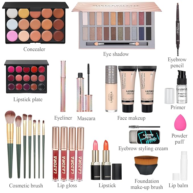 Makeup Kit Full Multi-Purpose Beauty Set Festive Gift Box - Highly Pigmented Palette Combination Lips Facial Brows Eye Makeup Brush for Essential Starter - Full Makeup Kit for Women