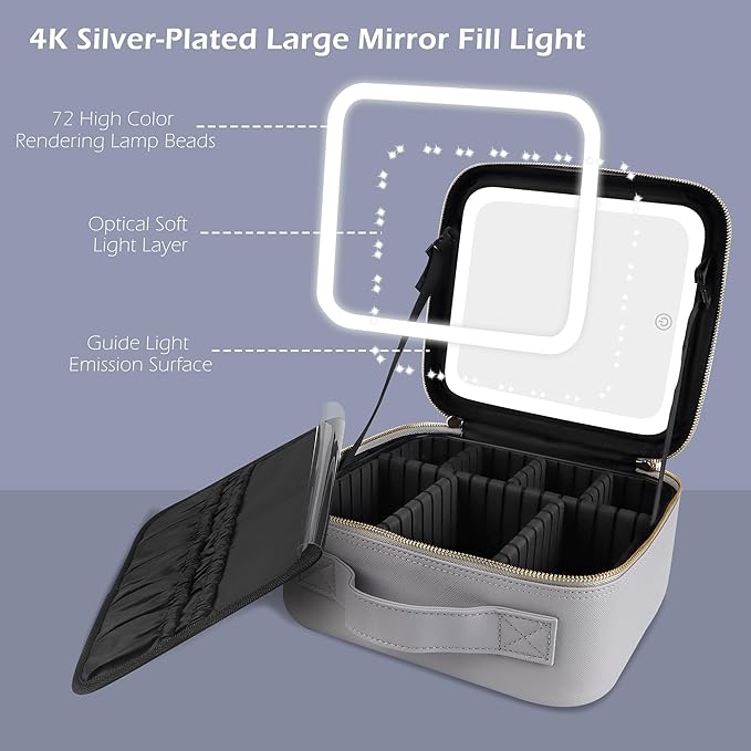 MOMIRA Travel Makeup Bag Cosmetic Bag Makeup Organizer Bag with Lighted Mirror, Adjustable Brightness in 3 Color Scenarios, Waterproof Makeup Train Case, Gift for Women - Grayish