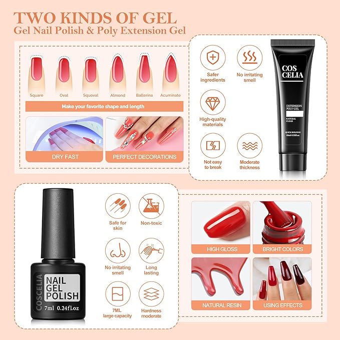 COSCELIA Gel Nail Polish Kit with U V Light Starter Kit and Drill 15 Colors Gel Polish 3 Colors Poly Extension Nail 5pcs Top Base Coat Nail Rhinestone Nail Manicure Kit Gifts for Women