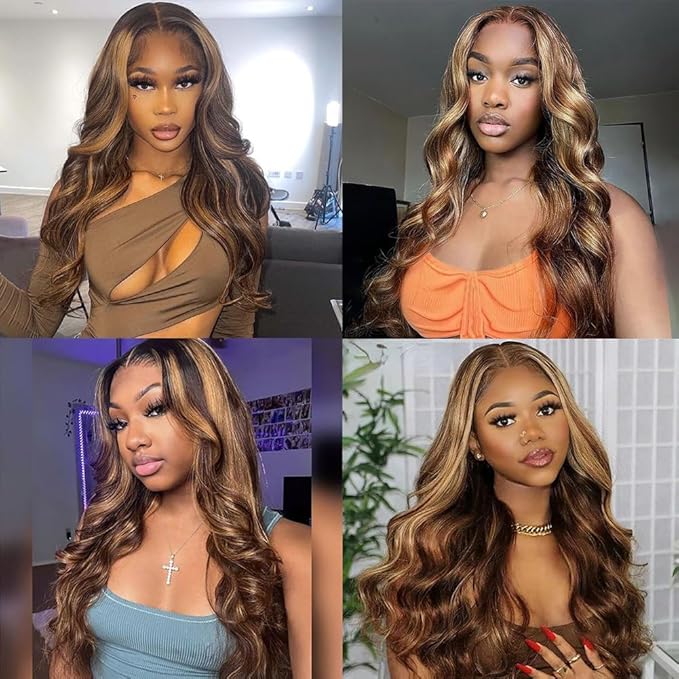 32 Inch Highlight Ombre Lace Front Wigs Human Hair Pre Plucked With Baby Hair 4/27 Colored 13x4 Body Wave Lace Frontal Wigs 180% Density Honey Blonde Lace Front Wig Human Hair