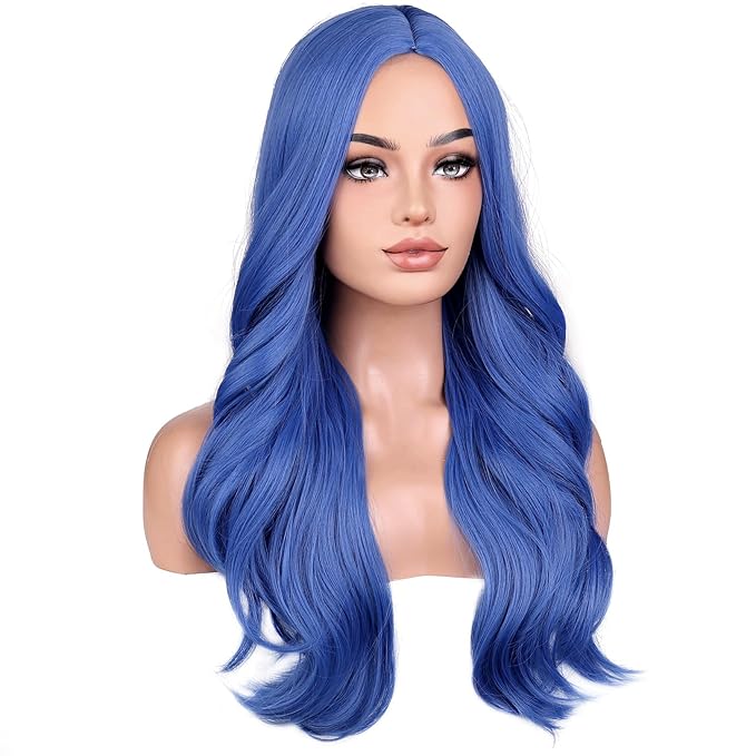 BERON Blue Wigs Long Wavy Wig for Women Natural Curly Dark Blue Heat Resistant Synthetic Hair Wigs for Cosplay Party Daily or Used