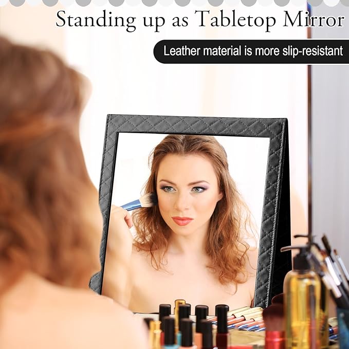 Foldable Backstage Mirror with Handle 24.61x 11.22 Inch Leather Folding Hanging Mirror Rectangular for Travel Dance Bag Home Fitness Spa Gift for Dancers(Black)