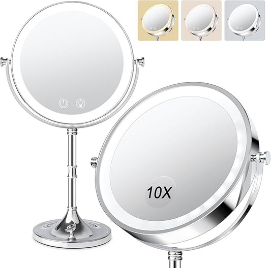 8" Lighted Makeup Mirror,1X/10X 4000mAh Rechargeable Double Sided HD Magnifying Mirror with 3 Colors Stepless Dimming,360°Rotation Touch Screen Vanity Mirror with Memory Function,Women Gift