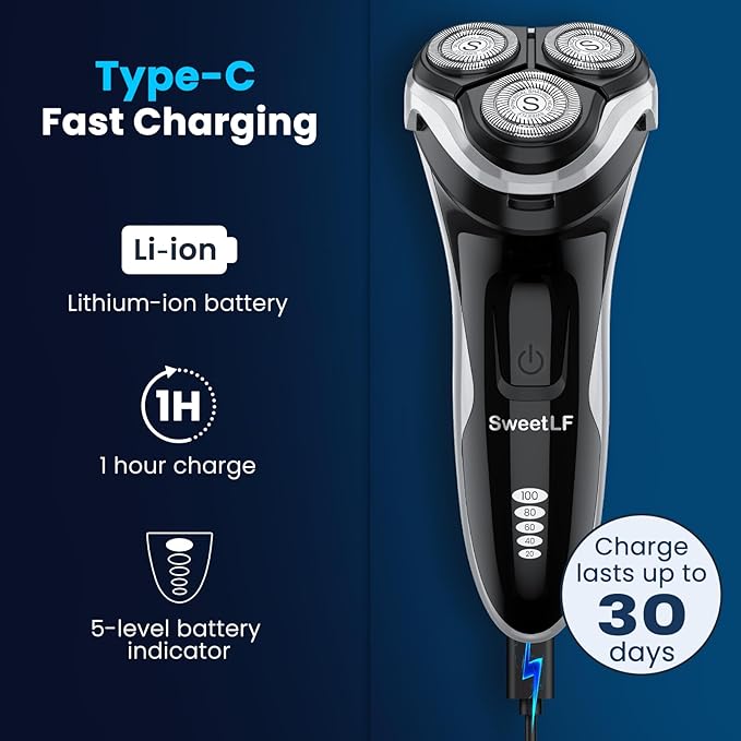 Electric Razor for Men, SweetLF Cordless 3D Rotary Shaver, Waterproof Wet & Dry, Type C Charging, Plug & Play, Rechargeable with Pop-up Trimmer, (Includes 3 Extra Blades), Black