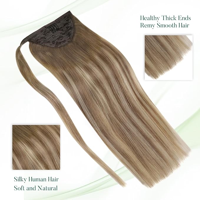 Easyouth Human Hair Ombre Ponytail Extension 14Inch 70g Clip-In Wavy Walnut Brown Ombre Blonde