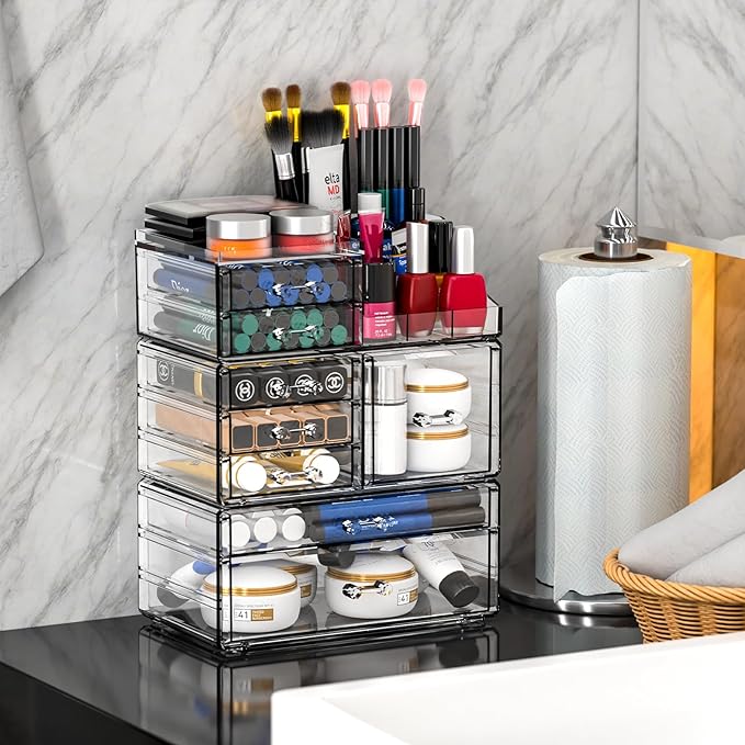 Cq acrylic Clear Makeup Organizer and Storage Stackable Skin Care Cosmetic Display Case with 8 Drawers Make up Stands For Jewelry Hair Accessories Beauty Skincare Product Organizing