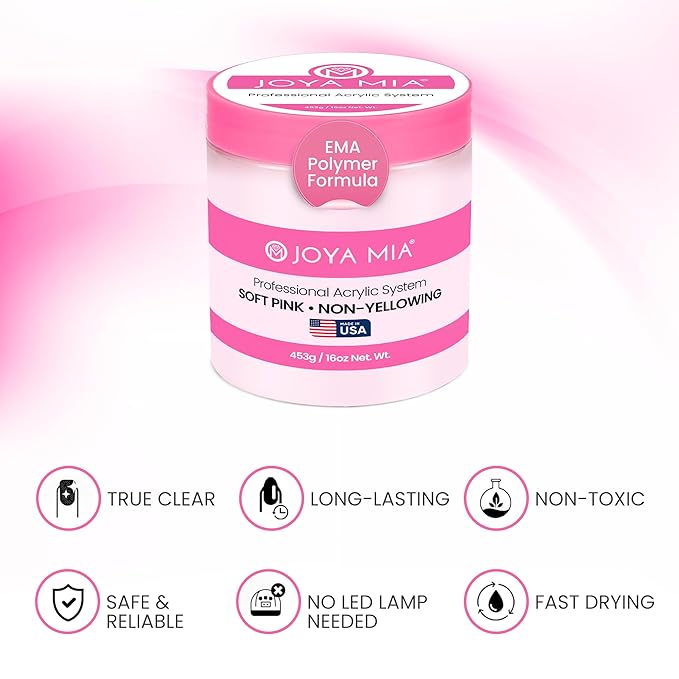 Joya Mia Acrylic Powder for Nails, MMA-Free, Super Adhesion Professional Powder for Flawless & Long-Lasting Nail Enhancements, Easy Application, Vibrant & Stunning Colors - Soft Pink, 16 oz