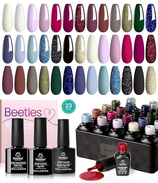 Beetles Gel Nail Polish Set- Burgundy Glitter Gel Polish Green Blue Red Nail Polish Intimate Atmosphere Collection U v Soak Off Nail Lamp Base Top Coat Gifts for Women