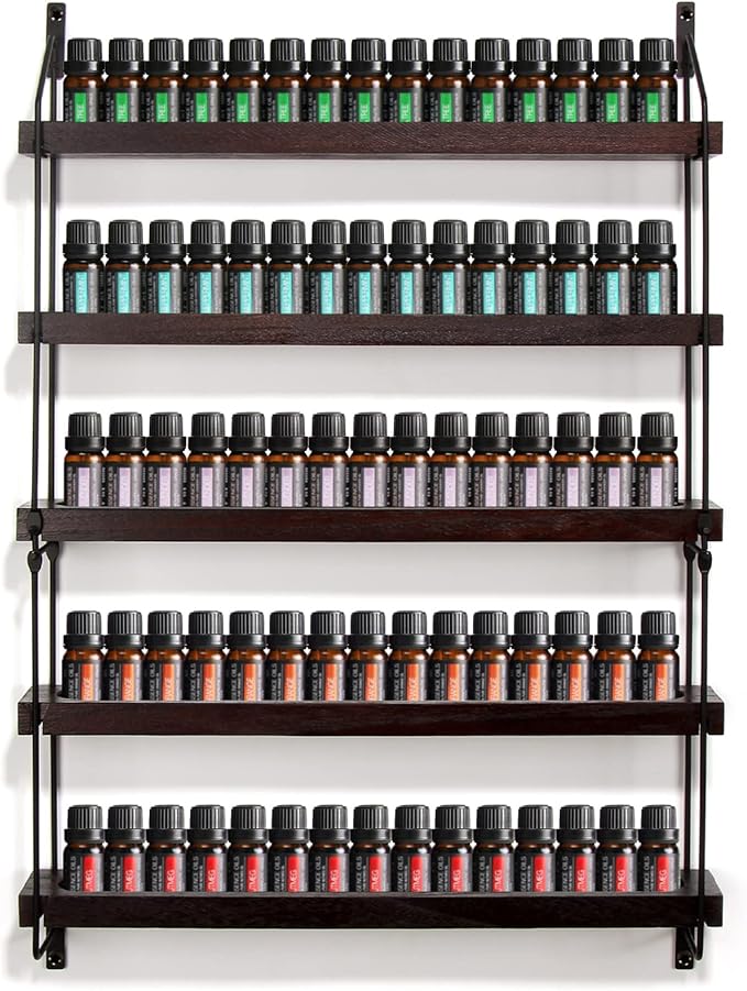 THYGIFTREE Essential Oil Storage Shelf Wall Mounted Wooden Essential Oil Collection Display Rack Organizer 5 Tiers Holds 75 Bottles, Nail Polish Holder Paint Organizer