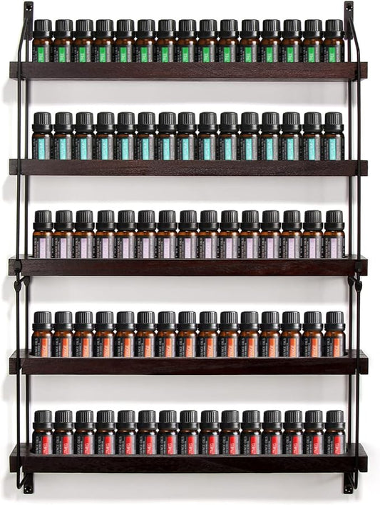 THYGIFTREE Essential Oil Storage Shelf Wall Mounted Wooden Essential Oil Collection Display Rack Organizer 5 Tiers Holds 75 Bottles, Nail Polish Holder Paint Organizer