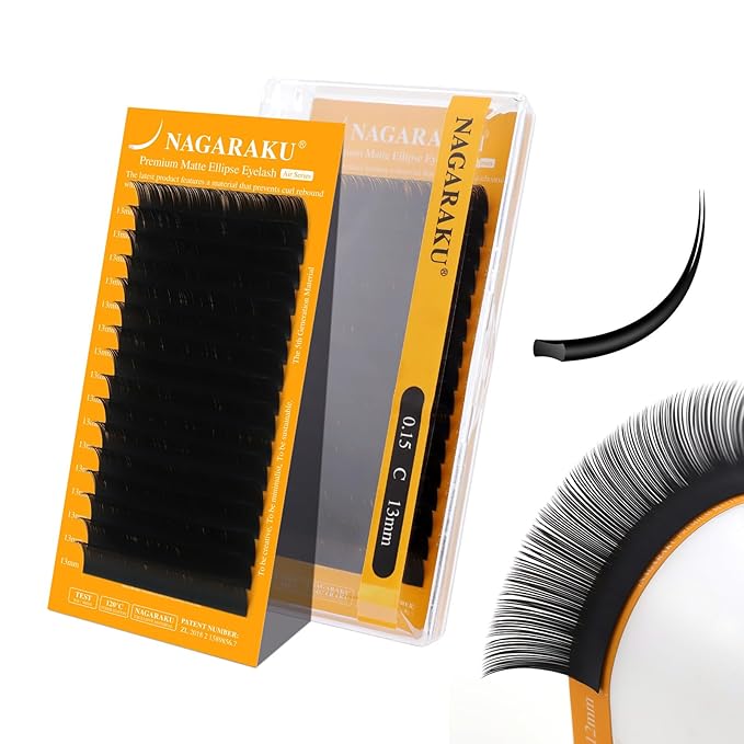 NAGARAKU Flat Ellipse Eyelash Extensions, 5TH GEN AIR SERIES Double Tips Lashes Lighter Thinner Flat Split Tips Individual Lash Matte Black Classic False Eyelashes 16 Rows -0.15 C Curl 13mm