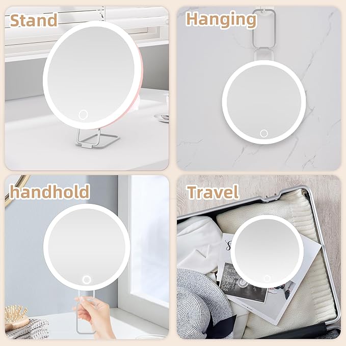 5X Magnifying Mirror with Light, 3 Color Modes Dimmable Light Large 6'' Travel Lighted Magnified Mirror with Suction Cups & Table Stand, with Tweezers & Scissors