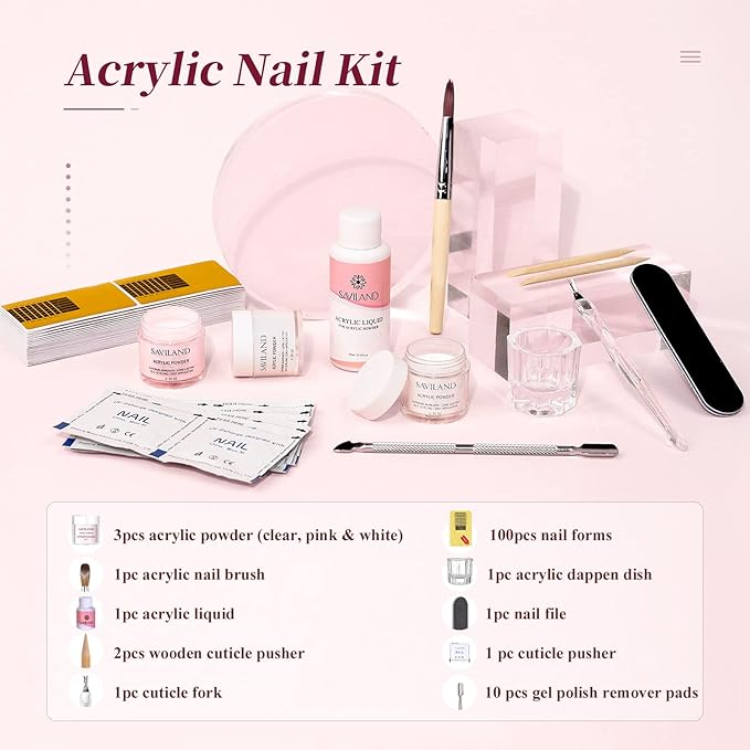 SAVILAND Acrylic Nail Kit for Beginners: White Pink Clear Acrylic Powder and Liquid Set with Nail Brush Forms Manicure Tools Kit with Everything for Beginners Home DIY Nail Art Salon