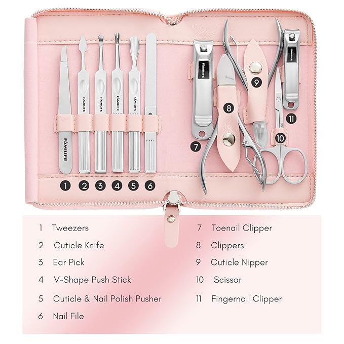 FAMILIFE Manicure Set Professional Manicure Kit Nail Kit - 11PCS Gifts For Her Nail Clippers for Women Stainless Steel Pedicure Sets Pink Leather Case