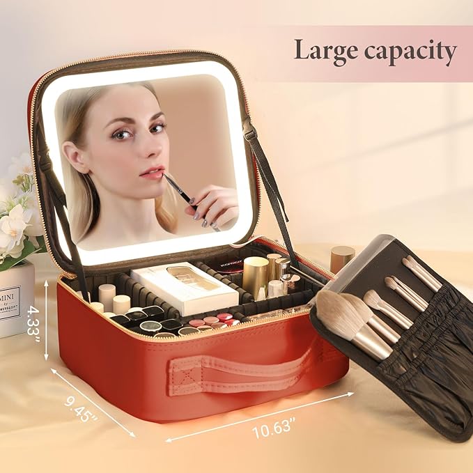Travel Makeup Bag with LED Lighted Mirror, Cosmetic Makeup Organizer Bag with 3 Color Setting, Makeup Train Case with Adjustable Dividers for Women Makeup Brushes Jewelry Accessories