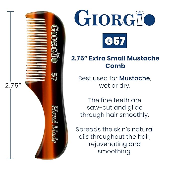Giorgio G57 Extra Small 2.75 Inch Men's Fine Toothed Beard and Mustache Comb for Facial Hair Grooming and Styling. Wallet Pocket Comb Handmade of Quality Durable Cellulose, Saw-Cut and Hand Polished