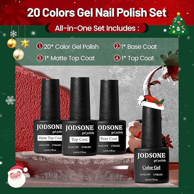JODSONE Gel Nail Set 20 Colors High Shine Gorgeous Gel Polish Base Top Matte Coat Nice Gifts Show Charm