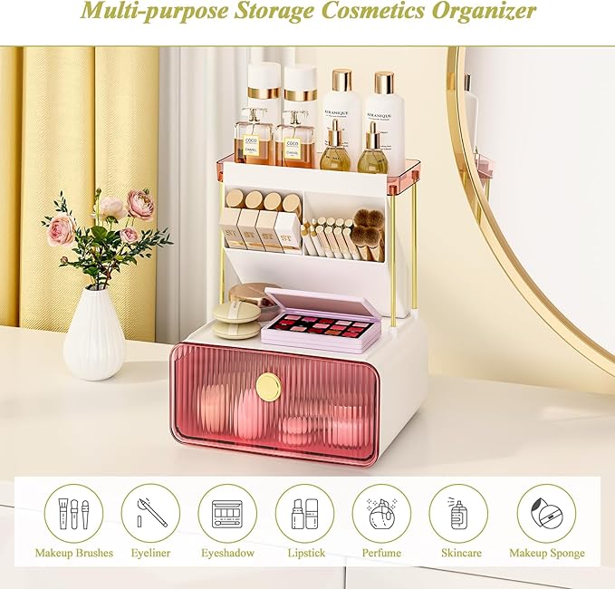 Makeup Organizer with Storage Drawer,Cosmetic Display with Lipsticks Brush Holder Perfume Tray,Organize Cosmetics and Beauty Supplies for Vanity,Dresser,Bathroom,Desktop Organizer,Blush Pink