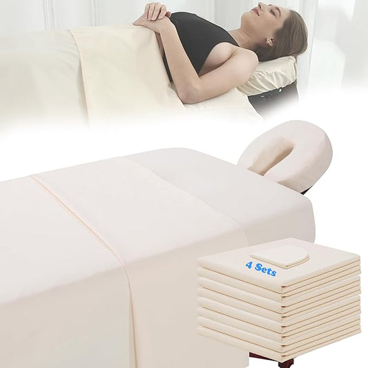4 Sets Microfiber Massage Table Sheet Sets 3 Pcs Massage Bed Cover Soft Wrinkle Free Includes Massage Fitted Sheet,Massage Sheets and Face Cradle Cover for SPA Beauty Salon Tattoos (Beige)