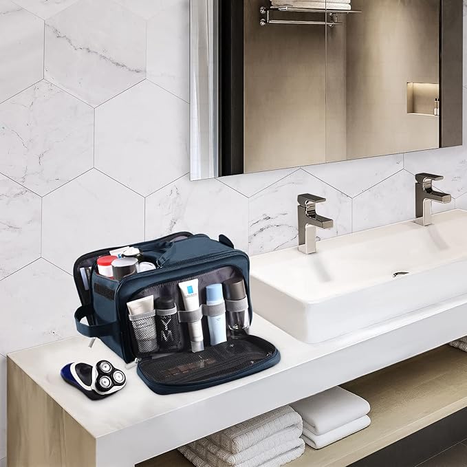 Buruis Extra Large Toiletry Bag for Men, Travel Toiletry Organizer Dopp Kit Water-resistant Shaving Bags, PU Leather Cosmetic Bathroom Shower Bag for Toiletries, Grooming, Accessories (Blue)