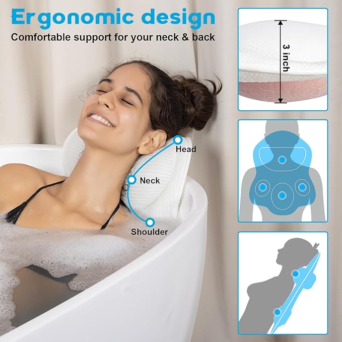 Luxury Bath Pillows for Tub – Extra Thick Non-Slip Bathtub Pillow with Rubber Back, Head & Neck Support for Soaking, Spa Bath Accessories, for Women, Fits All Bathtubs (White)