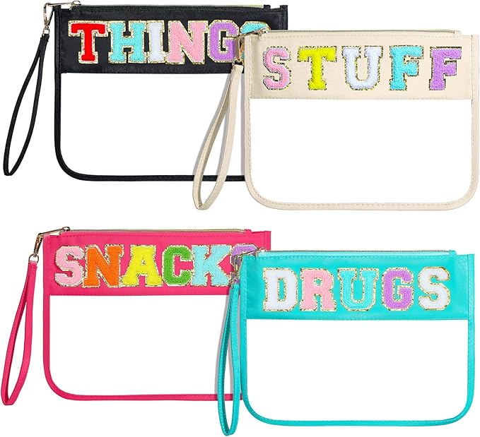 Buryeah 4 Pcs Chenille Letter Pouch Flat Nylon Clear Snack Bags Flat Multipurpose Zipper Makeup Bag for Travel Toiletry Bag Water-proof Cosmetic Pouch for Women(Cute Style)