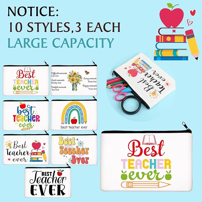 Paterr 30 Pcs Graduation Teacher Appreciation Gifts Best Teacher Ever Makeup Bag Women Cosmetic Bag Toiletry Pencil Pouch Thank You Gift Travel Makeup with Zipper