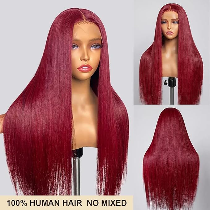 99j Burgundy Lace Front Wigs Human Hair 200% Density 13x4 99j Straight Lace Front Wigs Human Hair Wine Red Colored Human hair wig Pre Plucked Glueless HD Lace Frontal Wigs for Women 20 Inch