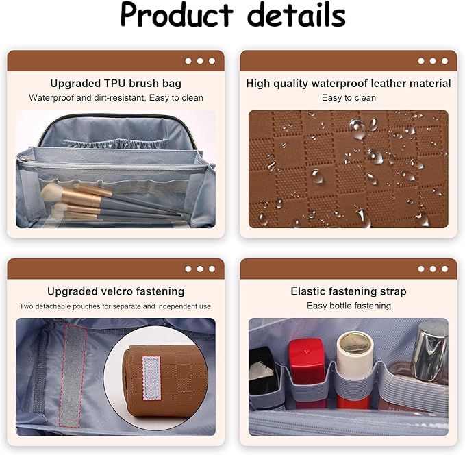 Travel Makeup Bag Organizer Cosmetic Bag: 3 Pcs Set Make up Bags for Women with Handle - Waterproof Vegan Leather Toiletry Bags with Comparments (Brown)