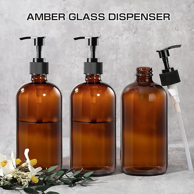 4 Pack 8 oz Amber Glass Pump Bottles, Boston Round Bottles with Pumps for Lotion, Soap, Massage Oils, Refillable Containers with Caps