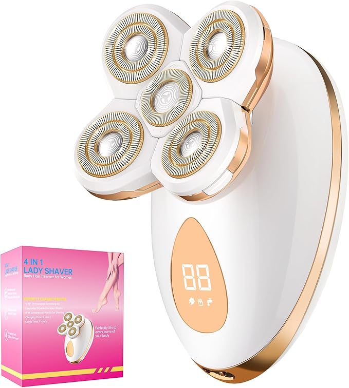 Electric Razors for Women - Painless Body Shavers for Sensitive Skin - 4 in 1 Cordless Lady Trimmer for Women's Leg, Bikini and Face - Waterproof Wet/Dry Remover, Rechargeable, Gold