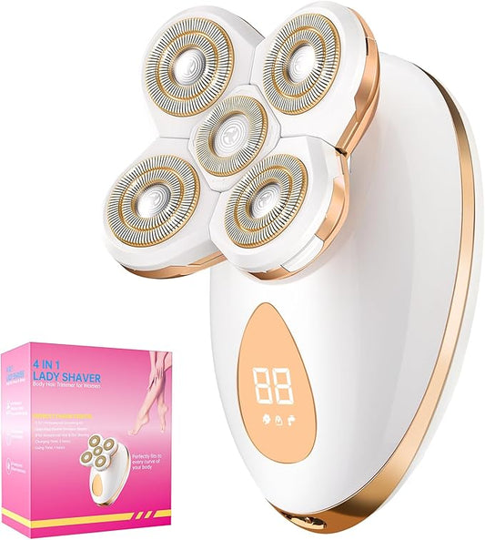 Electric Razors for Women - Painless Body Shavers for Sensitive Skin - 4 in 1 Cordless Lady Trimmer for Women's Leg, Bikini and Face - Waterproof Wet/Dry Remover, Rechargeable, Gold