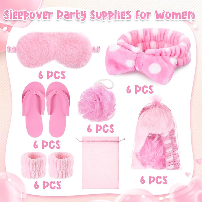 42 Pcs Spa Sleepover Party Supplies Bulk for Women Include 6 Pink Spa Hairbands 6 Plush Eye Masks 12 Wristbands 6 Bath Loofahs 6 Pairs Disposable Slippers 6 Organizer Bags for Women Slumber Party Gift