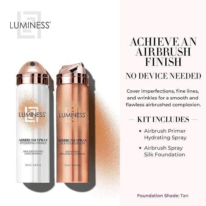 LUMINESS Silk Airbrush Spray Foundation & Primer Kit - Full Coverage Foundation, Anti-Aging Formula Hydrates & Moisturizes with Hyaluronic Acid, Aloe Vera & Hydrolyzed Silk (Shade - Tan)