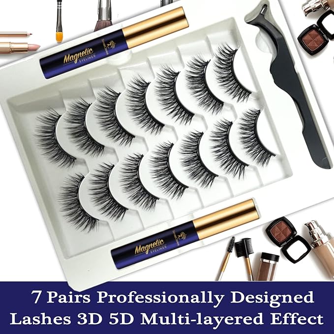 3D Magnetic Eyelashes with Eyeliner Kit,Cat-Eye Magnetic Lashes,False Eyelashes with Applicator,Reusable Magnet Lash Set,Natural Look,Easy,Cruelty-Free.7 Pairs