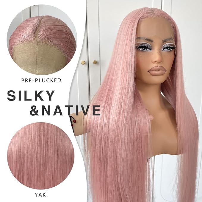 32inch Pink Wig - Straight Light Pink Lace Front Wig Pre Plucked Glueless Synthetic Long Straight Wear And Go Lace Front Wig For Women Daily Party Cosplay Wear