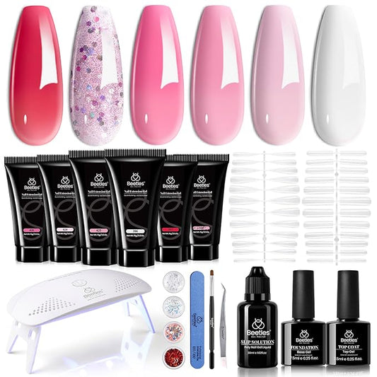 Beetles Poly Nail Extension Gel Kit with U V Light: 6 Colors Builder Gel Set Pink Glitter White with Top Base Coat and Slip Solution Nail Forms Tools Charms for DIY Manicure