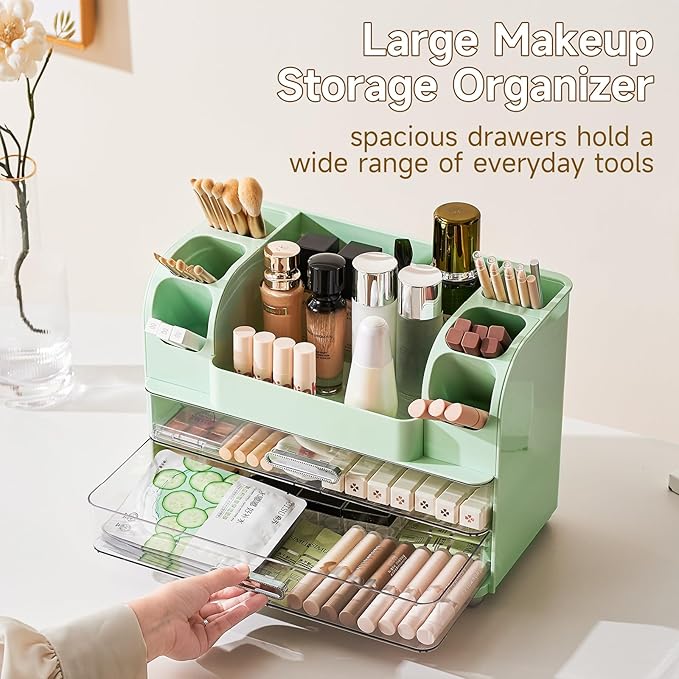Makeup Organizer for Vanity with 2 Large Drawers, Cosmetic Display Case with Brush Holders, Easy to Storage for Bathroom Countertop Skincare, Desk Office Supplies, Green