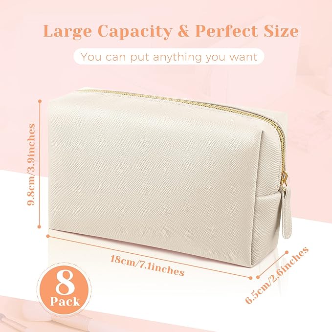8 Pcs Makeup Bag Pu Leather Cosmetic Pouch Waterproof Small Toiletry Bag Portable Cosmetic Organizer Water Resistant Storage Purse for Lady Women Daily Storage Travel Organizer (Beige,Medium)