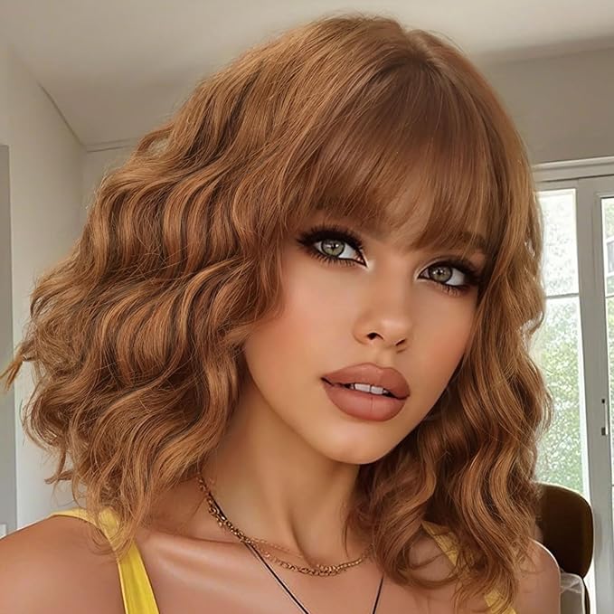 AISI HAIR Synthetic Wavy Curly Bob Wig with Bangs Cooper Blonde Short Wavy Hair for Women Synthetic Heat Resistant Bob Wigs
