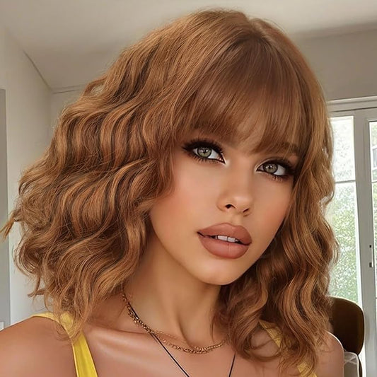 AISI HAIR Synthetic Wavy Curly Bob Wig with Bangs Cooper Blonde Short Wavy Hair for Women Synthetic Heat Resistant Bob Wigs