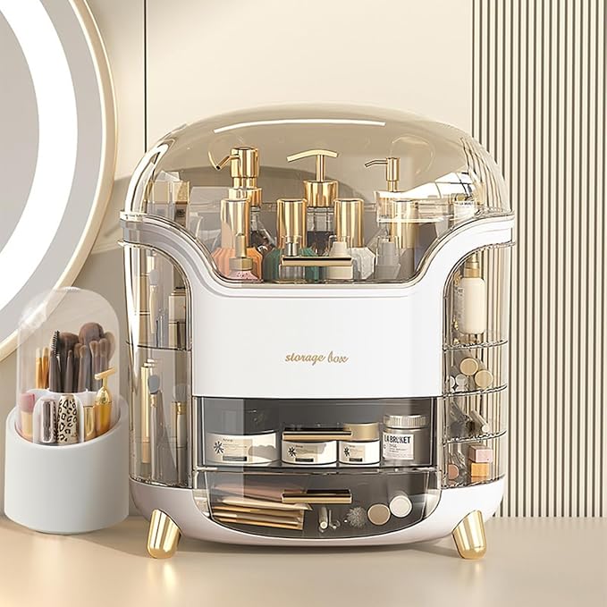 Makeup Organizer for Vanity, Skincare Organizer, Makeup Storage Drawers, Cosmetics Organizer with Lid, Makeup Brush Holder Rotating, Dressing Table Organizer, Large Makeup Box(White)