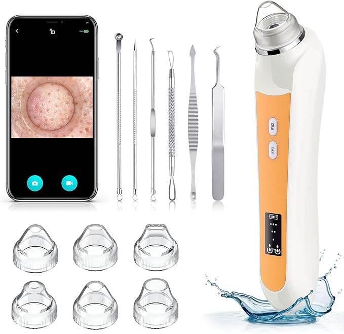 Blackhead Remover Vacuum with HD Camera, USB Rechargeable Pore Cleaner for Men and Women, 6 Suction Heads & 3 Adjustable Power Levels(Orange)