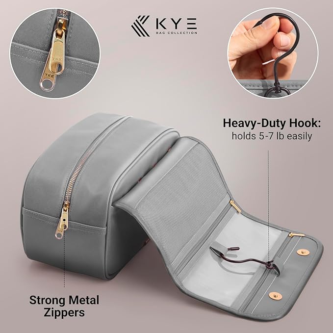 Leather Travel Toiletry Bag for Men with Removable Cover and Hanging Hook - Dopp Kit for men - Makeup Bag Organizer for Women for all your Travel Essentials (Grey)