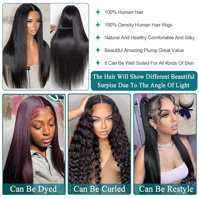 Azkiu Straight Lace Front Wigs Human Hair 13x4 HD Transparent Lace Front Wigs for Women Brazilian Virgin Hair Lace Frontal Wig 180% Density Pre Plucked with Baby Hair Hairline Natural Color 30 Inch