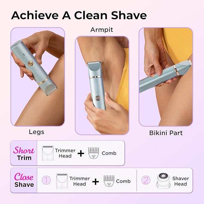 Bikini Trimmer for Women Pubic Hair: 2 in 1 Eletctric Razors for Women - Rechargeable Eletctric Shaver - IPX7 Waterproof Bikini Trimmer for Underarm Leg Arm Body (Parisian Blue)