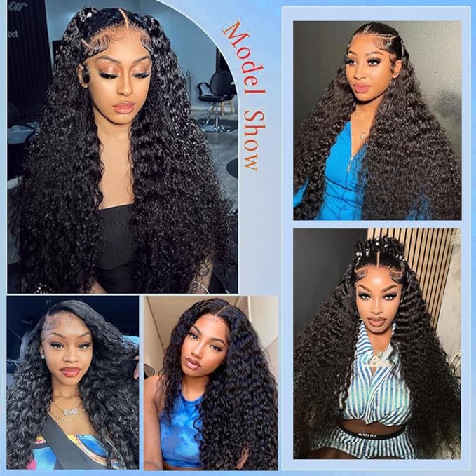 34inch 13x6 Deep Wave Lace Front Wigs Human Hair Pre Plucked 200% Density Deep Curly Lace Front Wigs Human Hair HD Transparent Deep Wave Frontal Human Hair Wig for black women with Baby Hair