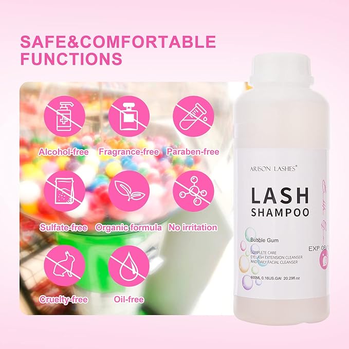 Arison Eyelash Eyelash Extension Shampoo 600ml / Eyelid Foaming Cleanser/Wash for Extensions and Natural Lashes/Paraben & Sulfate Free Safe Makeup & / Professional & Self Use (Bubble Gum)
