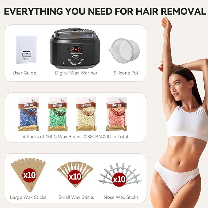Waxing Kit for Women Men, Digital Wax Kit with Silicone Bowl & 4 Bags Hard Wax Beads, Portable Wax Warmer for Sensitive Skin Full Body Hair Removal, Brazilian Bikini, Eyebrow, Face (Black)