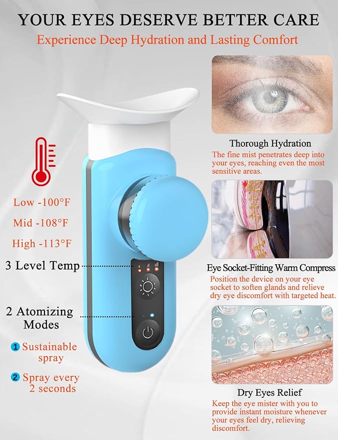 Portable Electric Heated USB Nano Eye Mist Sprayer - Steamer for Dry Eyes & Stye Relief, Warm Compress, Rechargeable Drops Steamer for Home, Office & Travel, Blue